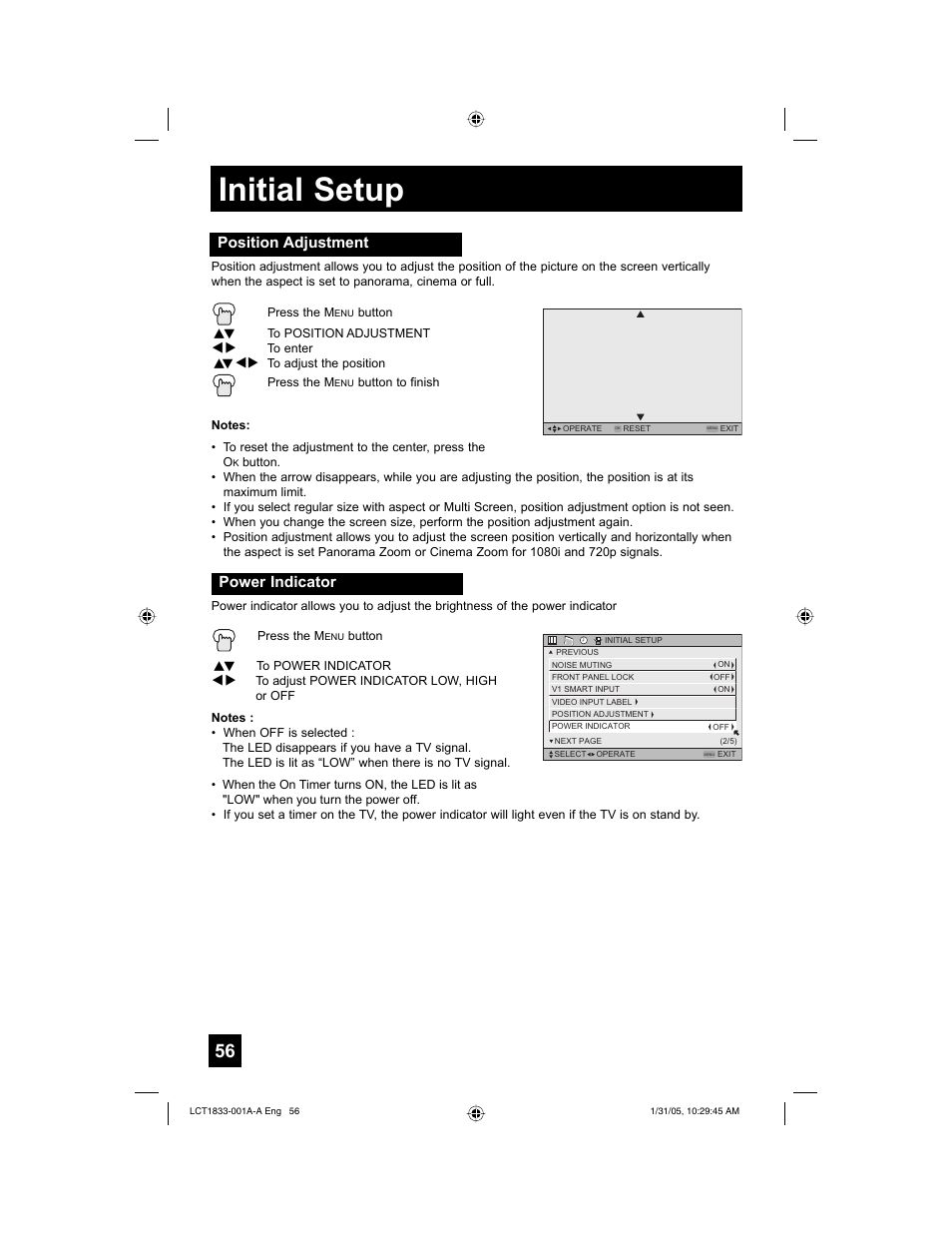 Initial setup, Position adjustment, Power indicator | JVC HD-61Z886 User Manual | Page 56 / 104