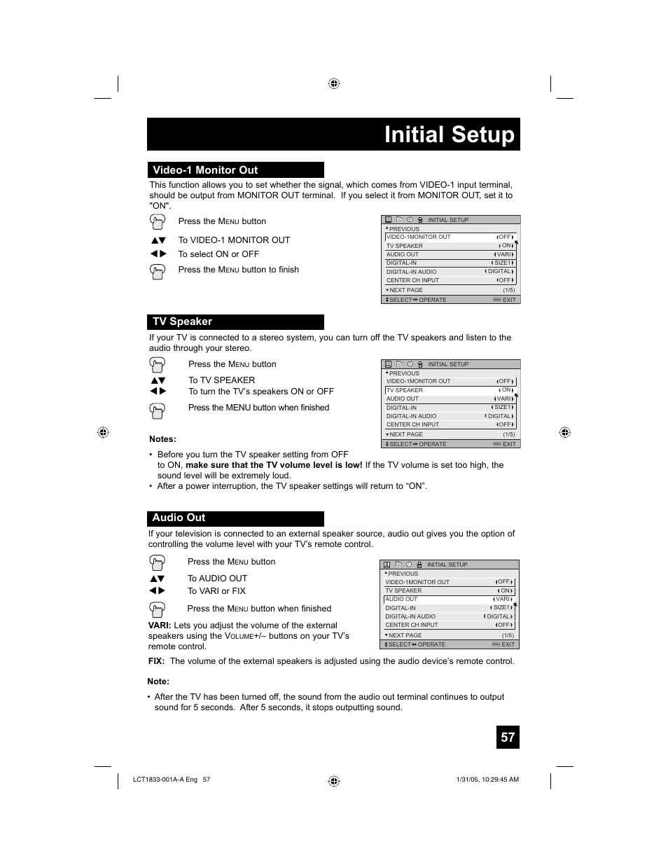 Initial setup, Tv speaker, Audio out | Video-1 monitor out | JVC HD-61Z886 User Manual | Page 57 / 104