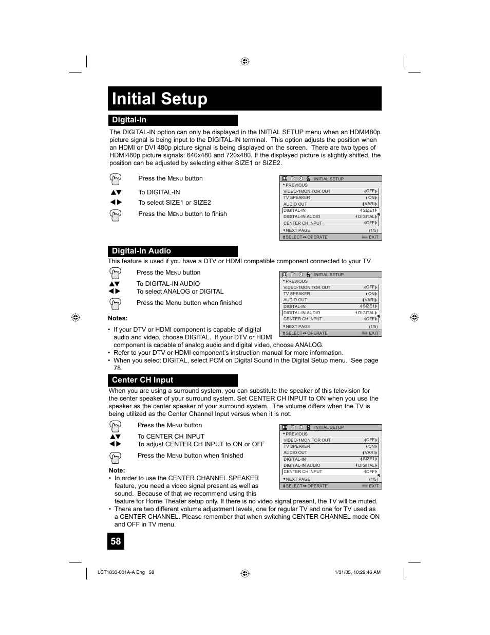 Initial setup, Center ch input, Digital-in digital-in audio | JVC HD-61Z886 User Manual | Page 58 / 104