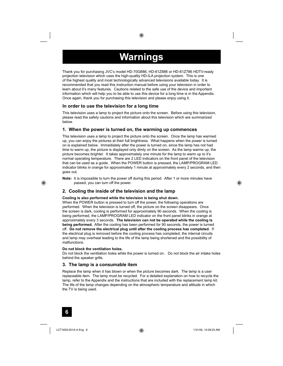 Warnings | JVC HD-61Z886 User Manual | Page 6 / 104