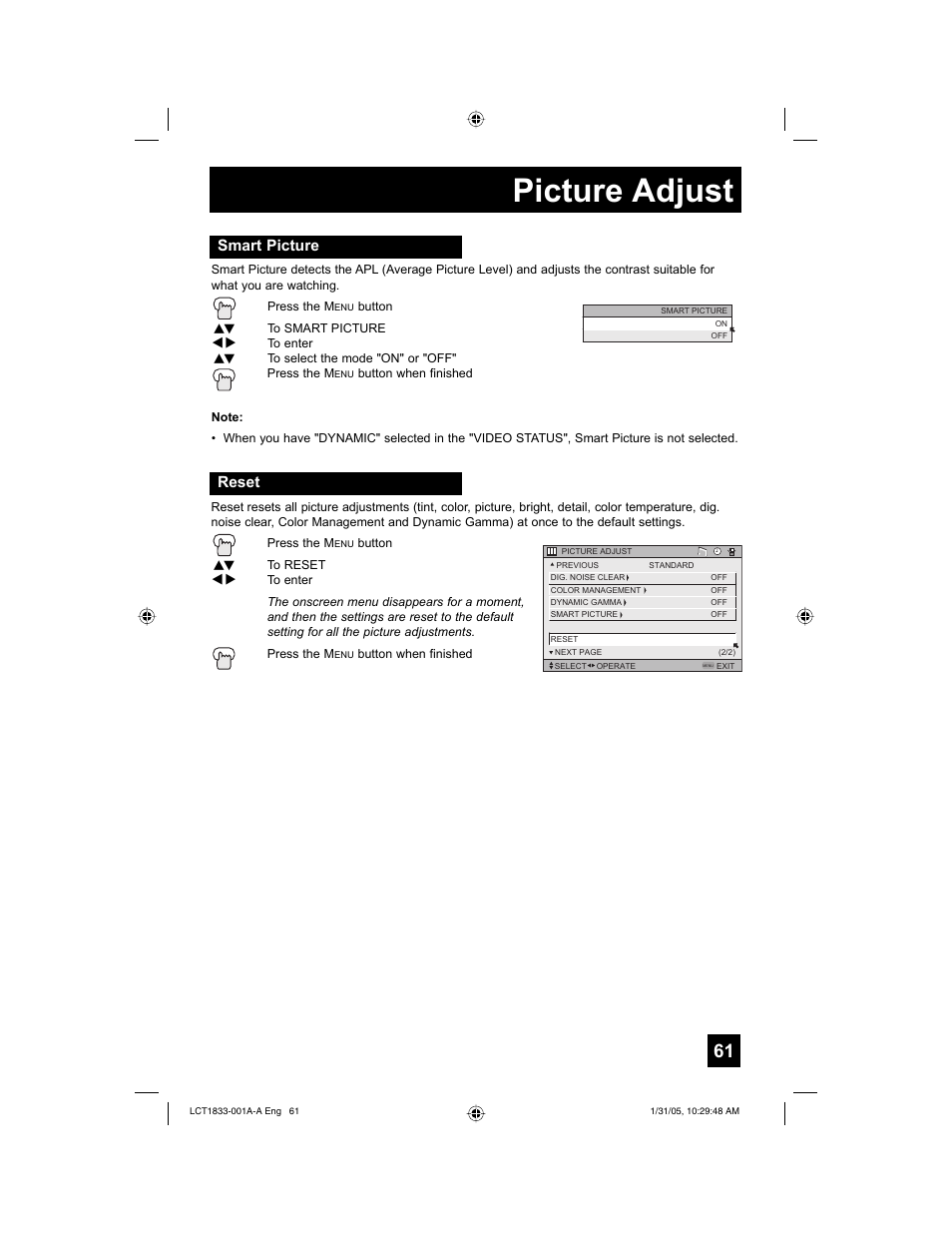 Picture adjust, Reset, Smart picture | JVC HD-61Z886 User Manual | Page 61 / 104