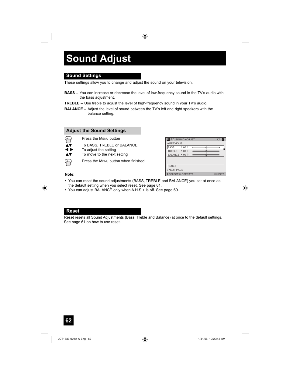 Sound adjust | JVC HD-61Z886 User Manual | Page 62 / 104