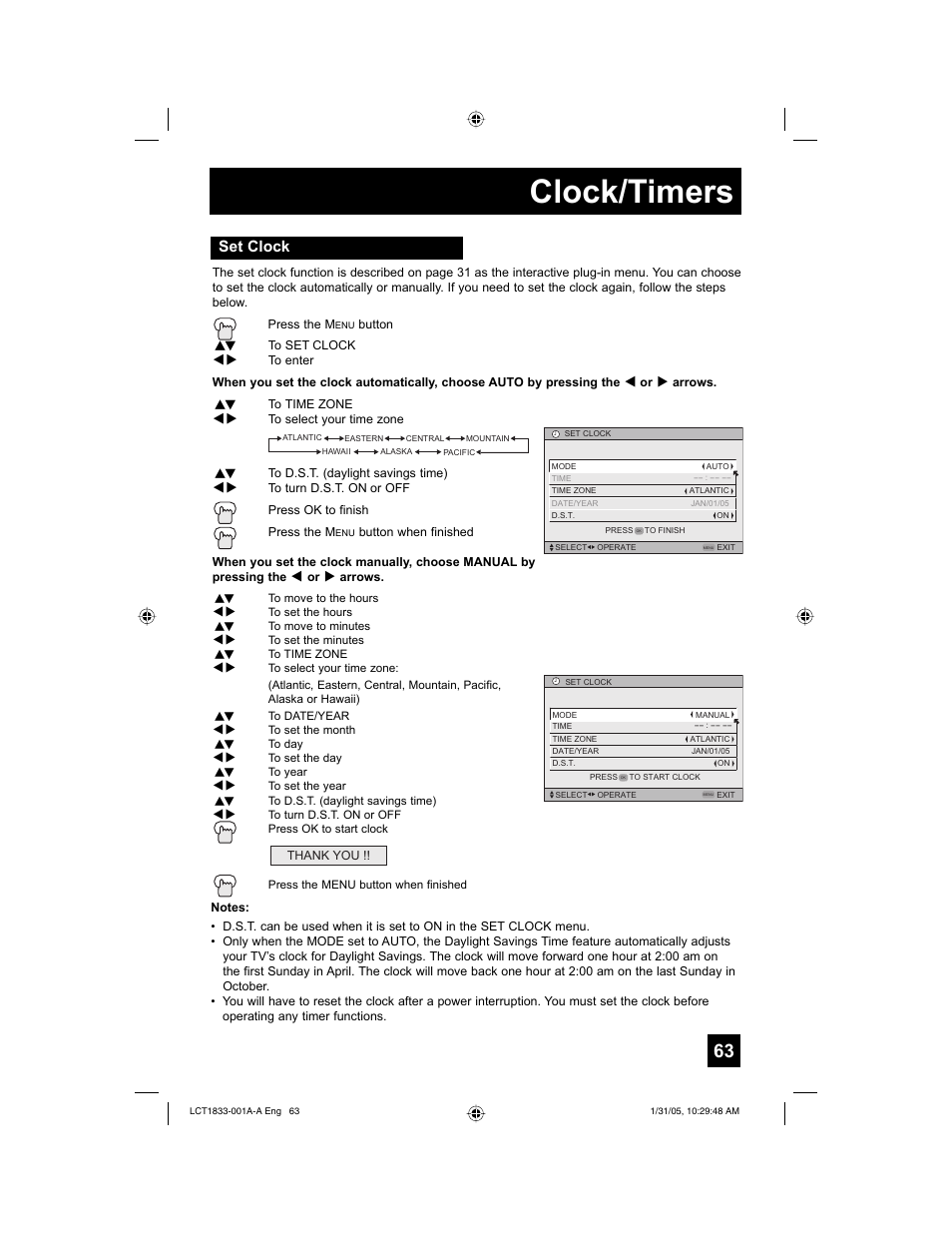 Clock/timers, Set clock | JVC HD-61Z886 User Manual | Page 63 / 104