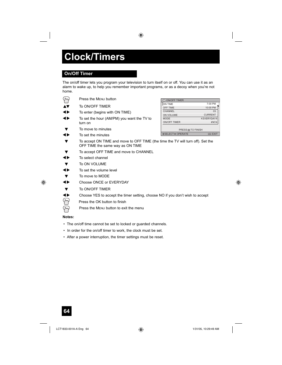 Clock/timers, On/off timer | JVC HD-61Z886 User Manual | Page 64 / 104