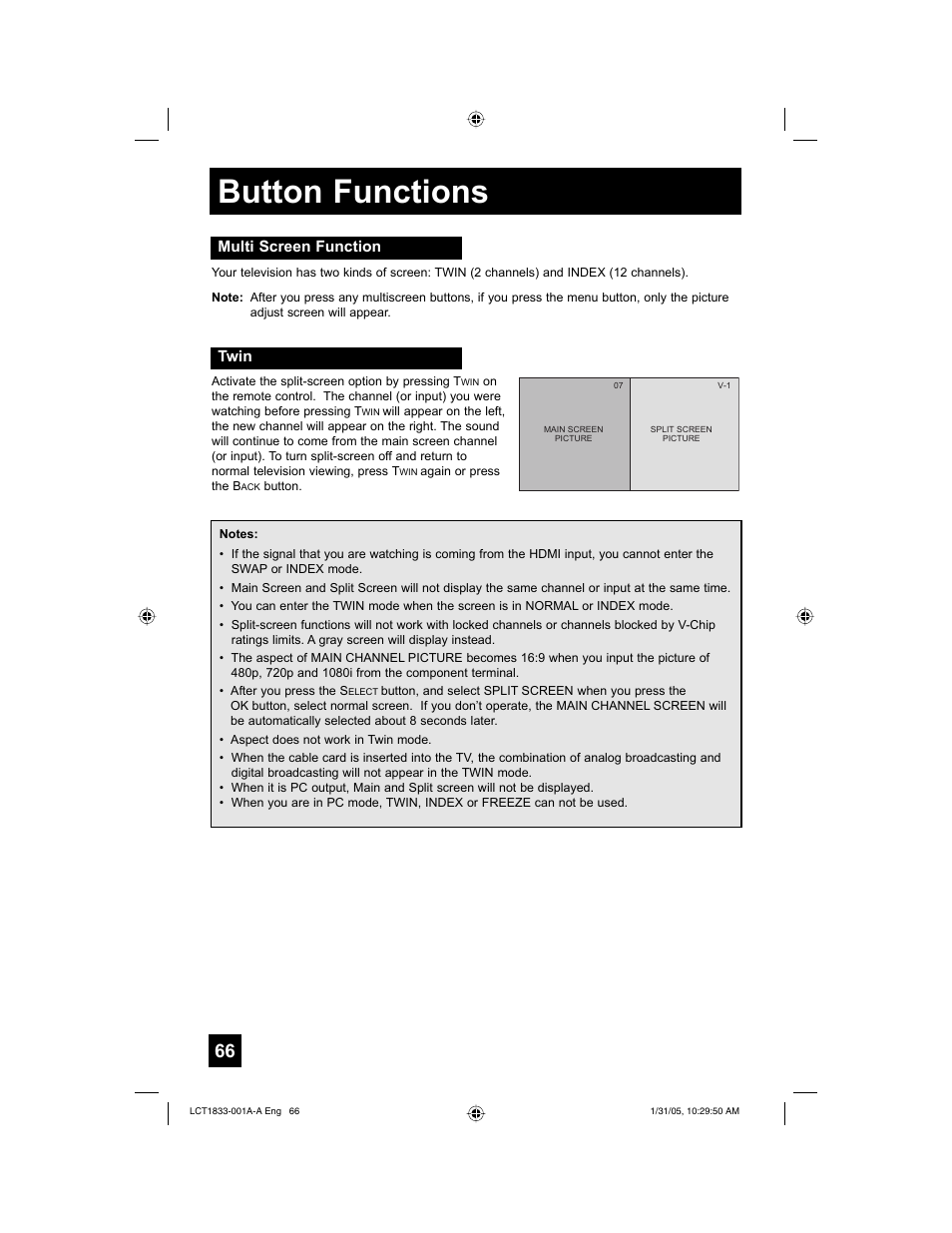 Button functions | JVC HD-61Z886 User Manual | Page 66 / 104