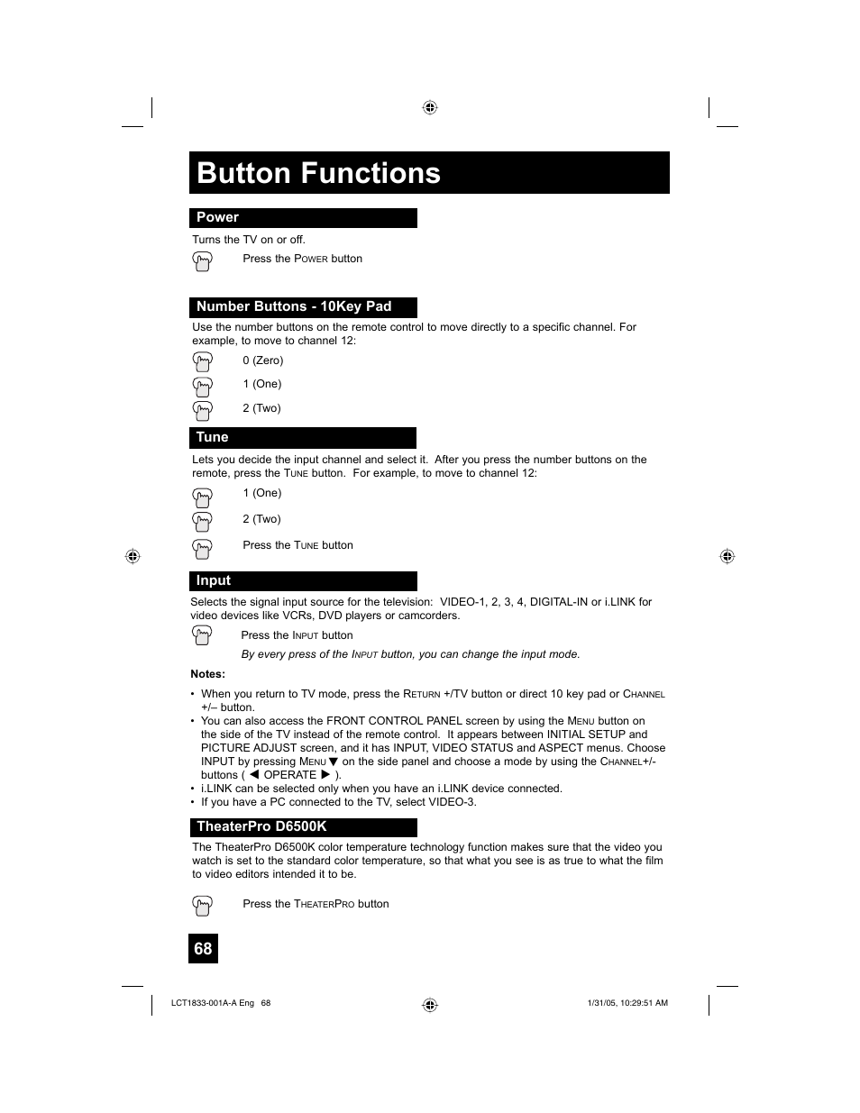 Button functions | JVC HD-61Z886 User Manual | Page 68 / 104