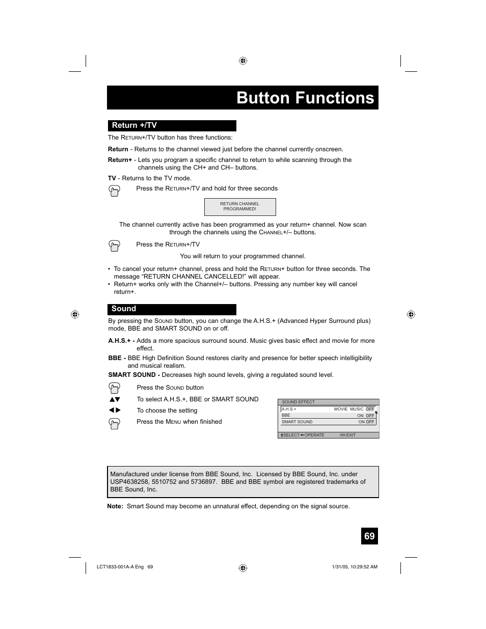 Button functions, Return +/tv, Sound | JVC HD-61Z886 User Manual | Page 69 / 104