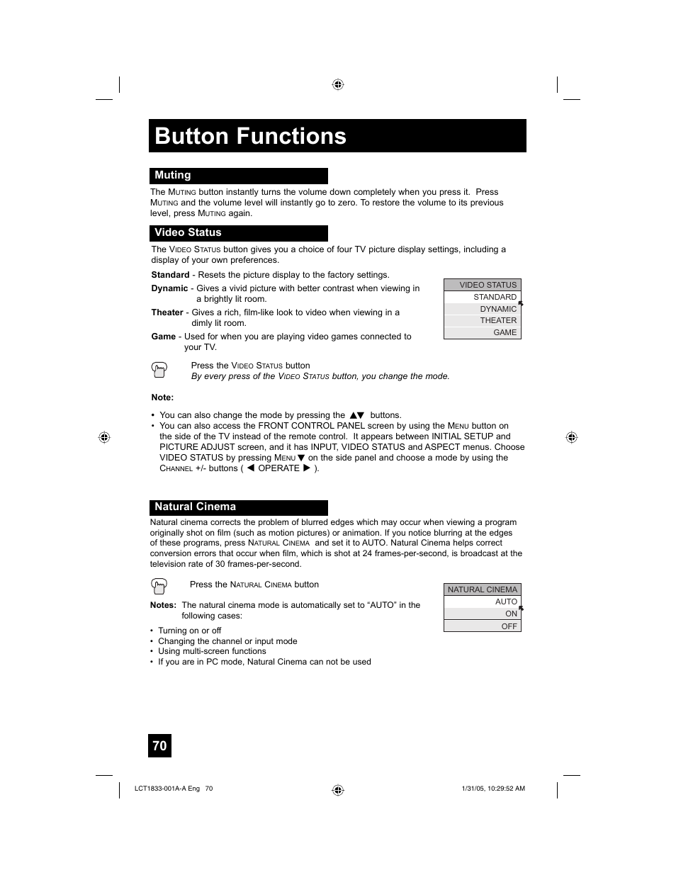 Button functions | JVC HD-61Z886 User Manual | Page 70 / 104