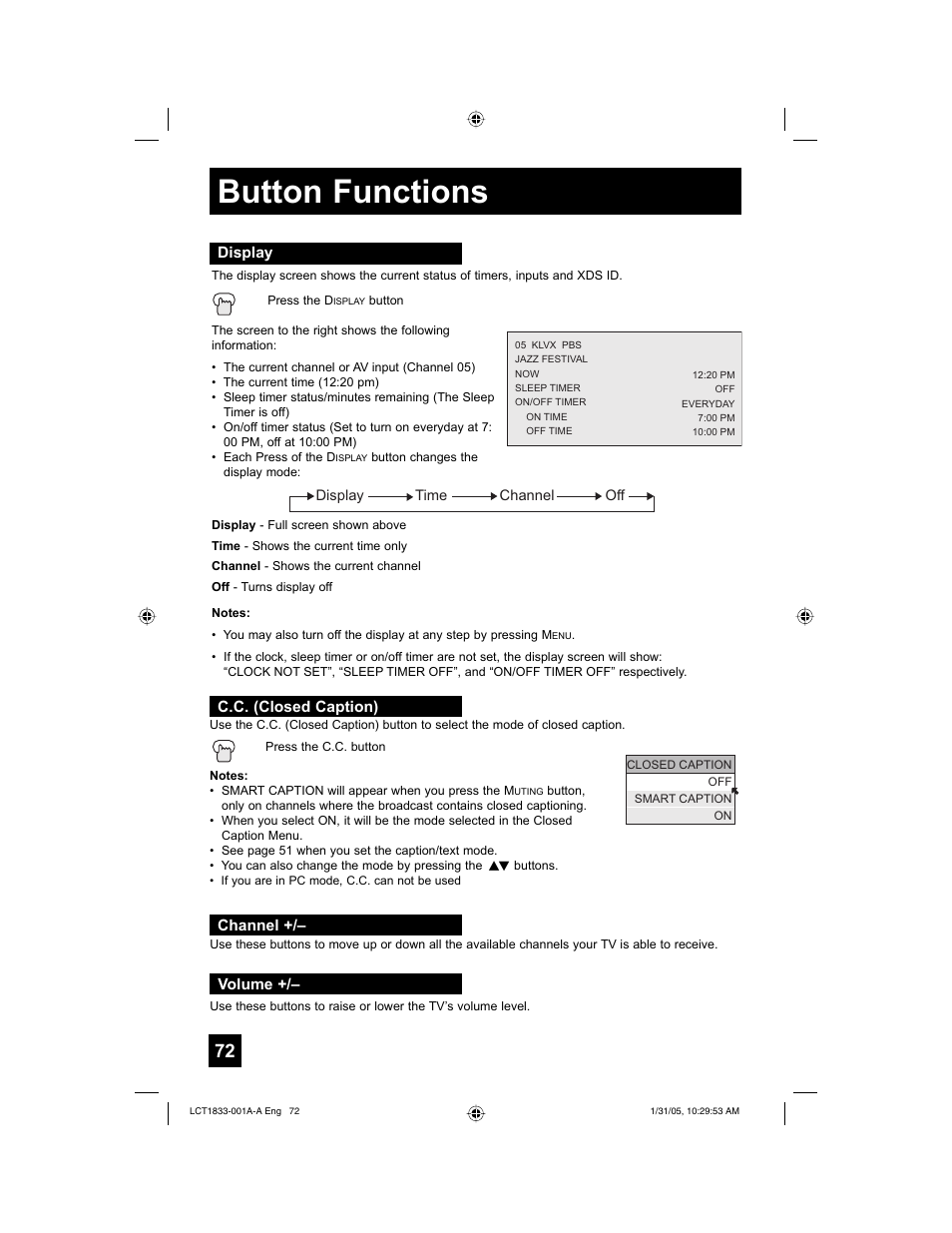 Button functions | JVC HD-61Z886 User Manual | Page 72 / 104