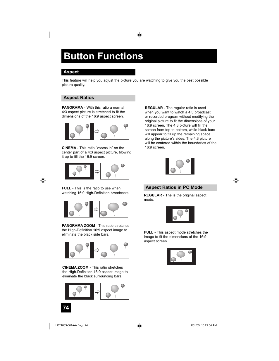 Button functions | JVC HD-61Z886 User Manual | Page 74 / 104