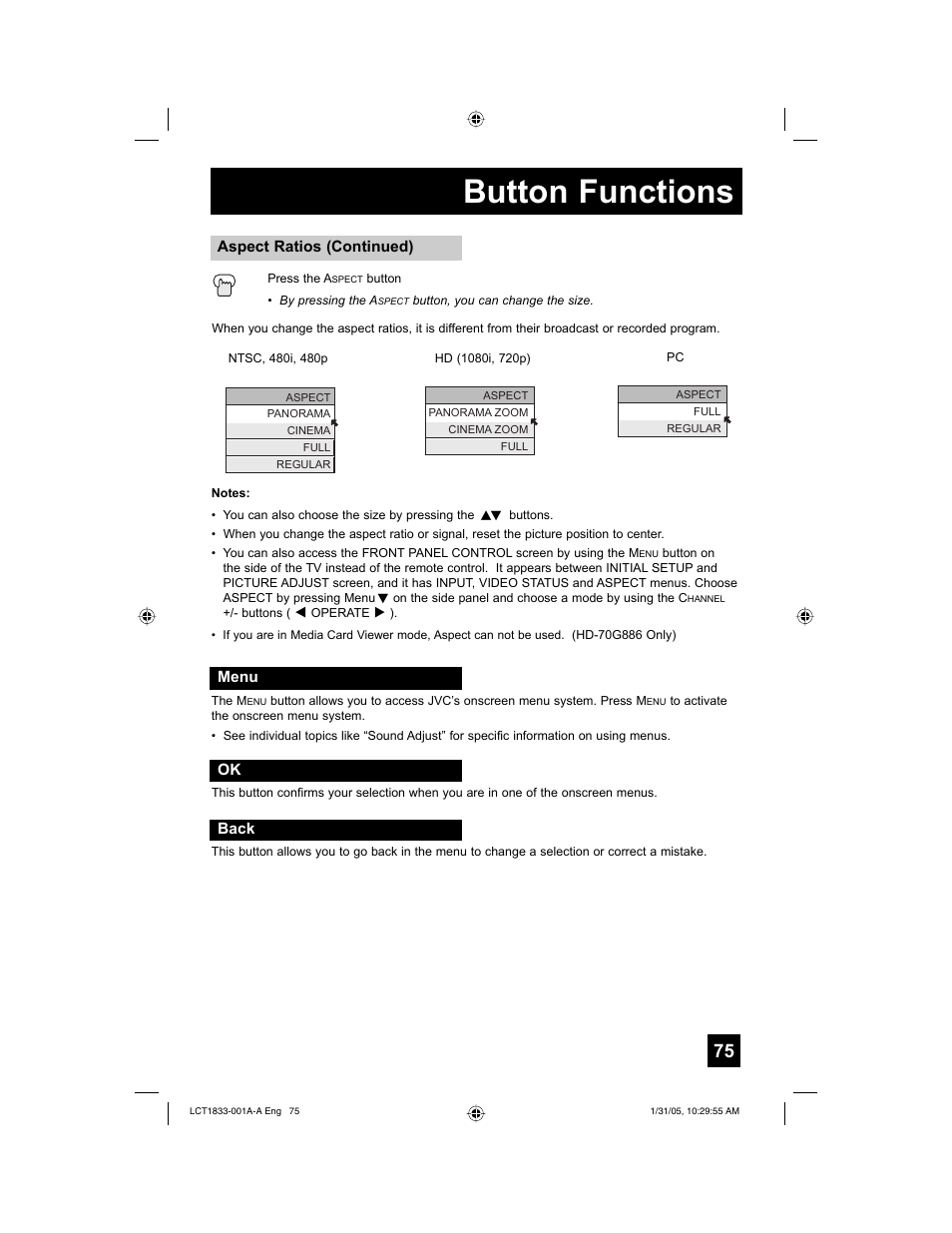 Button functions | JVC HD-61Z886 User Manual | Page 75 / 104