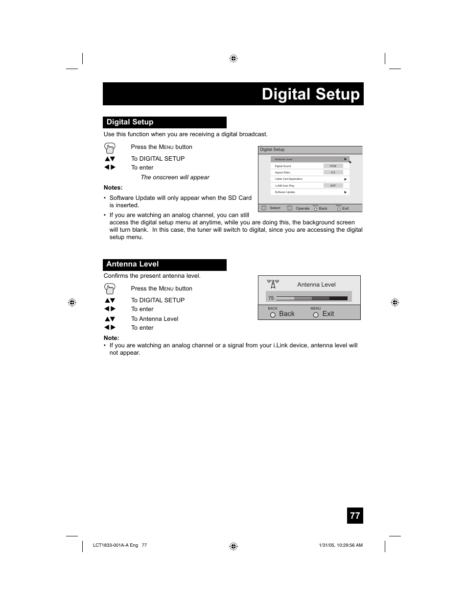 Digital setup, Antenna level | JVC HD-61Z886 User Manual | Page 77 / 104