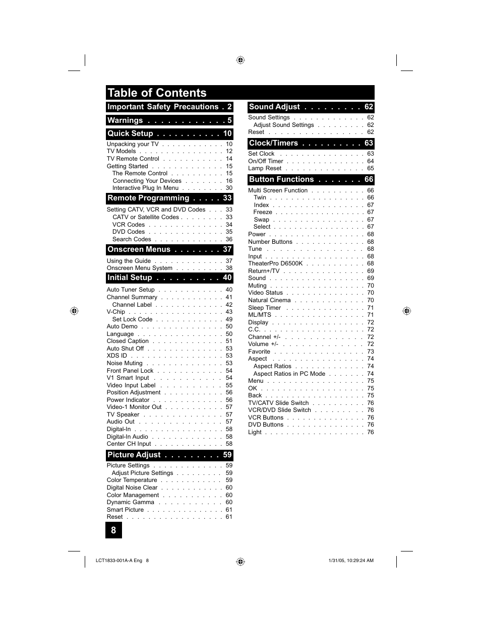 JVC HD-61Z886 User Manual | Page 8 / 104