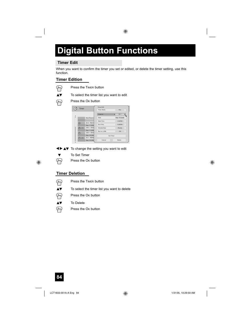 Digital button functions, Timer edit, Timer edition | Timer deletion | JVC HD-61Z886 User Manual | Page 84 / 104