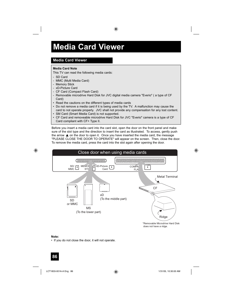 Media card viewer, Close door when using media cards | JVC HD-61Z886 User Manual | Page 86 / 104