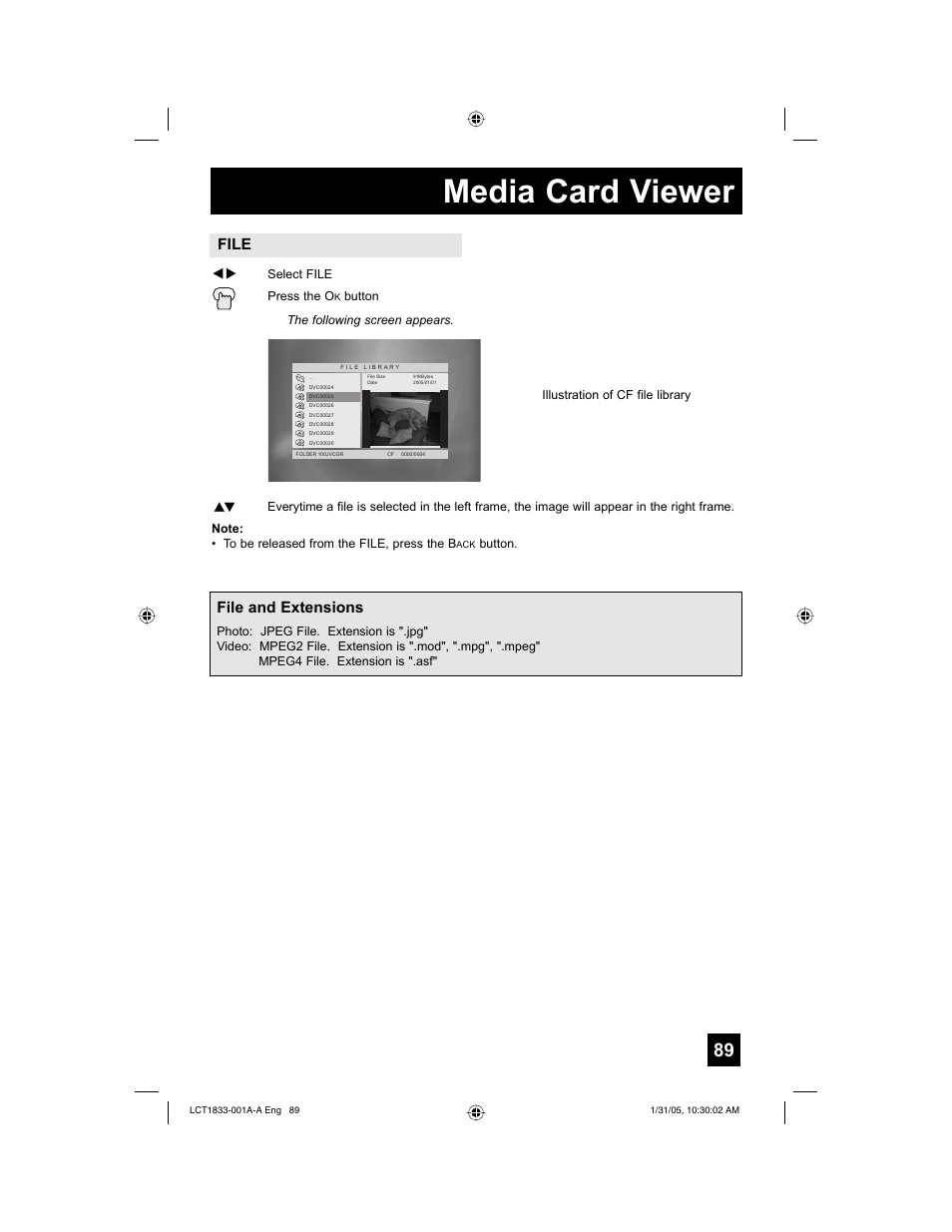 Media card viewer, File, File and extensions | JVC HD-61Z886 User Manual | Page 89 / 104