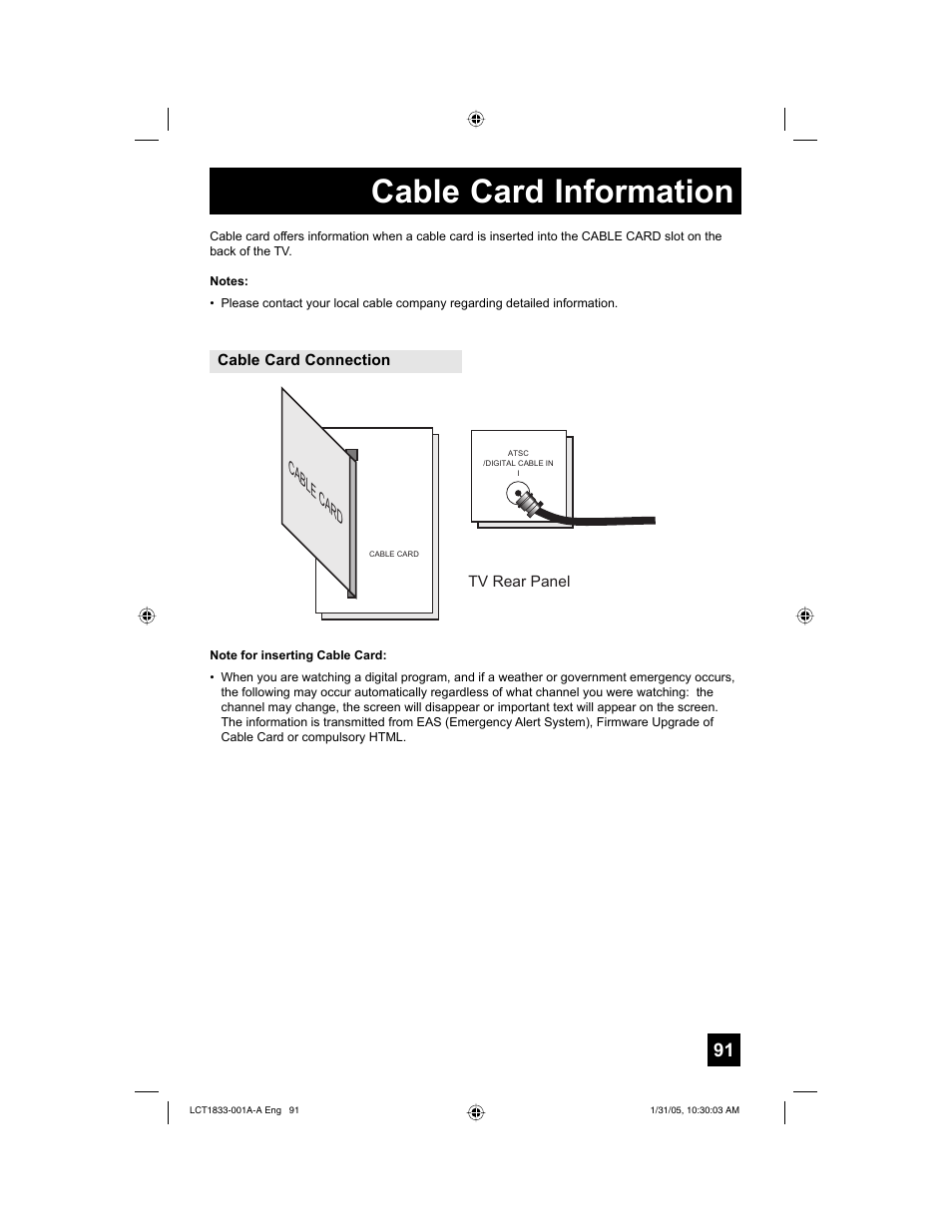 Cable card information, Cable card | JVC HD-61Z886 User Manual | Page 91 / 104