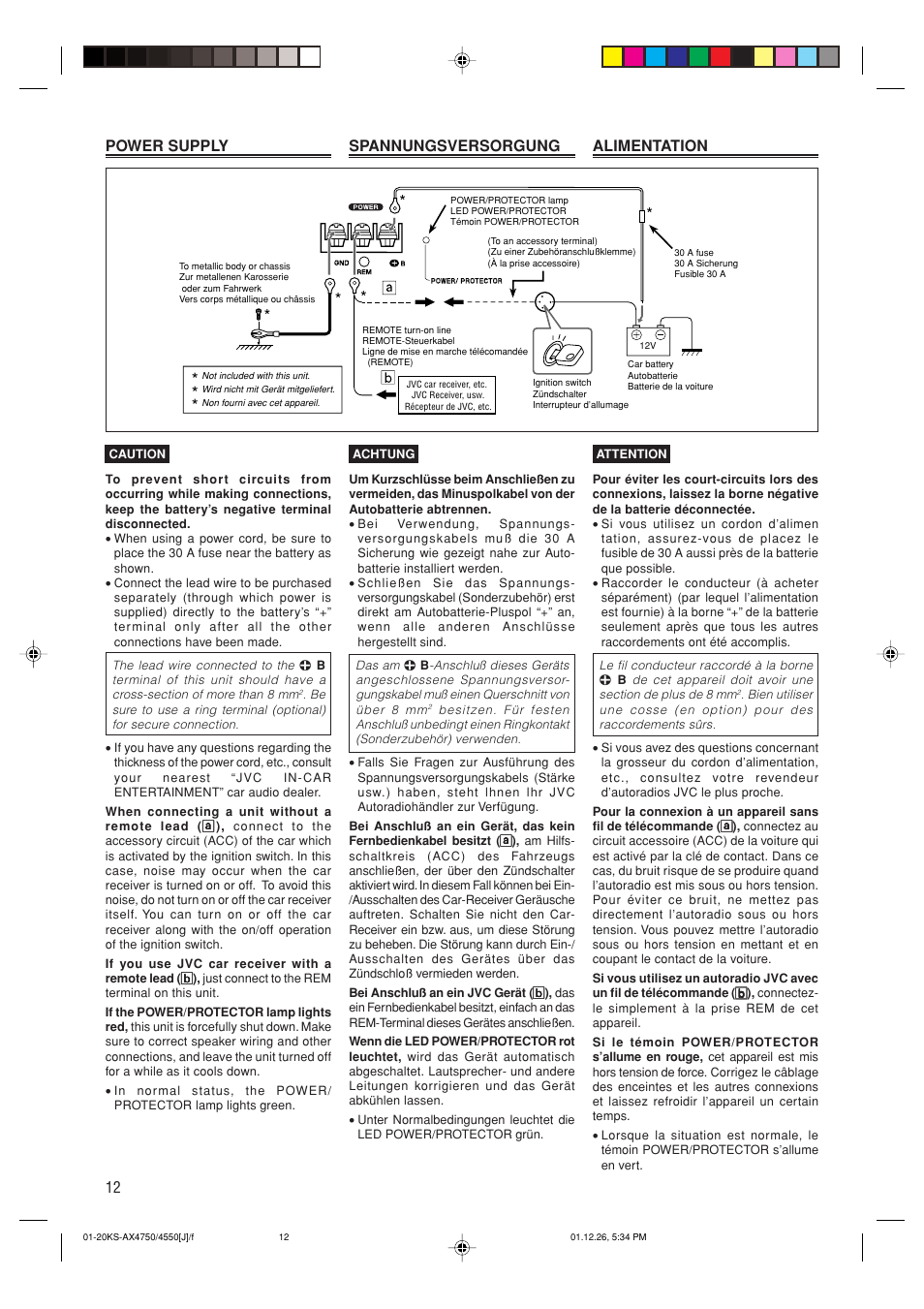 Power supply, Power supply spannungsversorgung alimentation | JVC KS-AX4550 User Manual | Page 12 / 20
