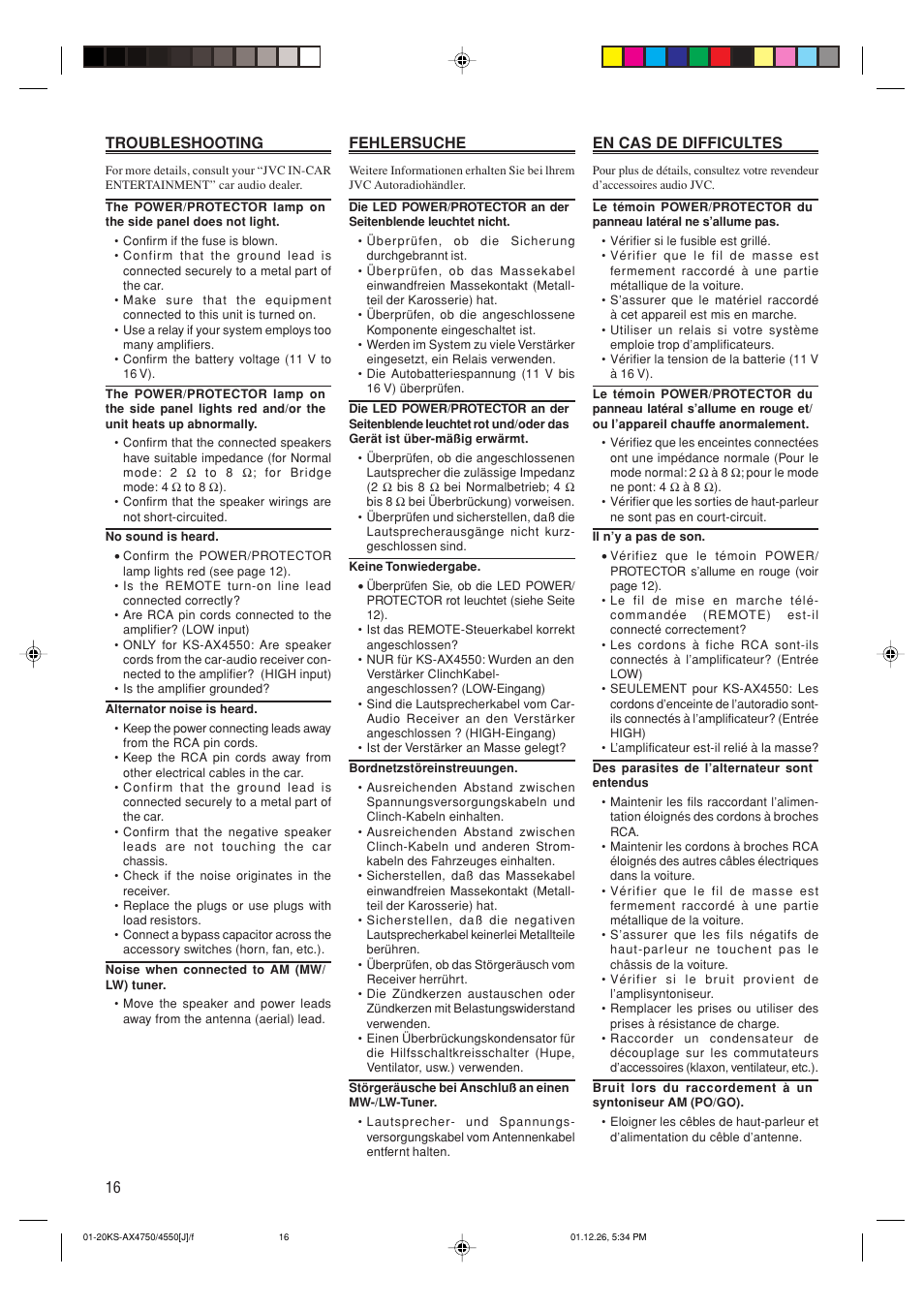 Troubleshooting, 16 troubleshooting, Fehlersuche | En cas de difficultes | JVC KS-AX4550 User Manual | Page 16 / 20