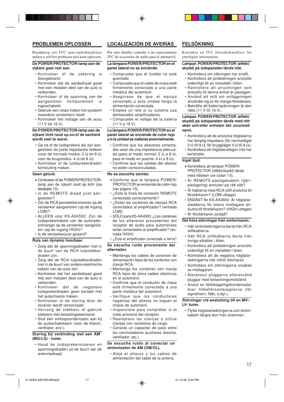 17 problemen oplossen, Localización de averías, Felsökning | JVC KS-AX4550 User Manual | Page 17 / 20