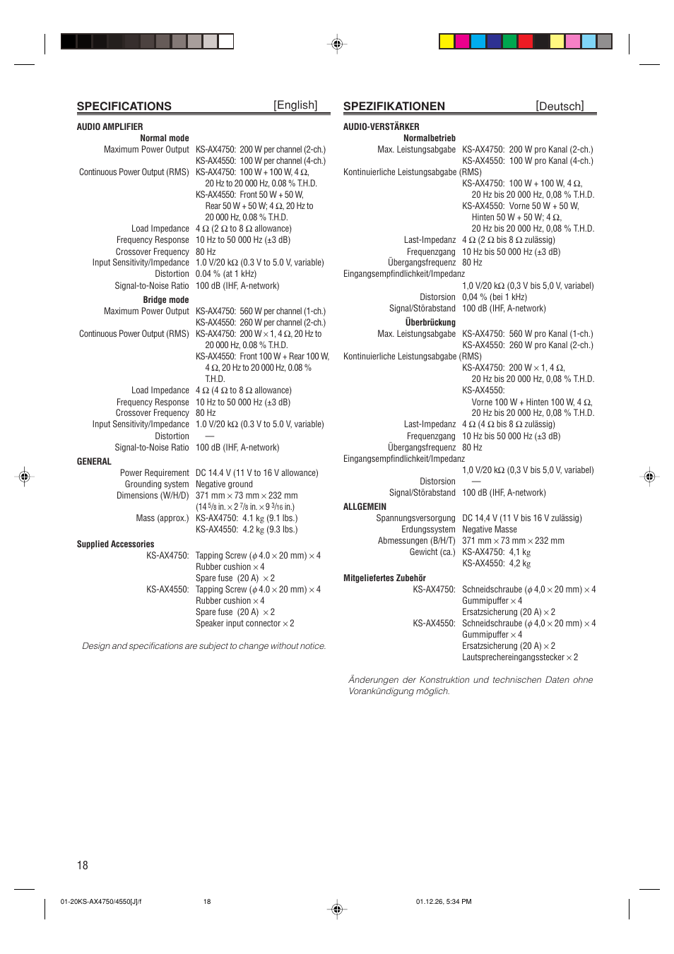 Specifications, 18 specifications [english, Spezifikationen [deutsch | JVC KS-AX4550 User Manual | Page 18 / 20