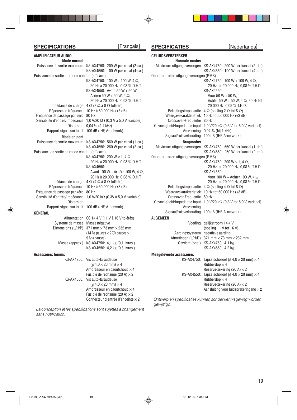 19 specifications [français, Specificaties [nederlands | JVC KS-AX4550 User Manual | Page 19 / 20
