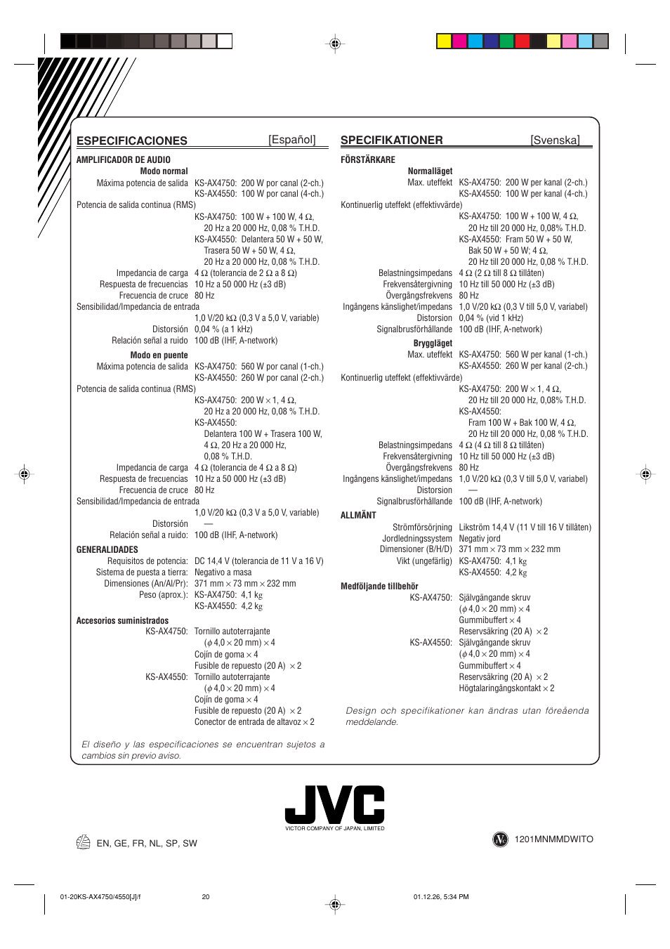 Especificaciones [español, Specifikationer [svenska | JVC KS-AX4550 User Manual | Page 20 / 20