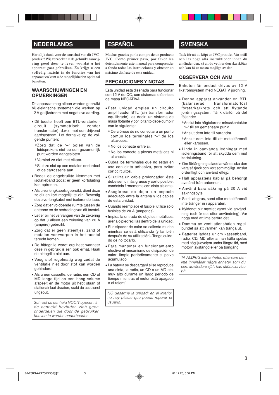 Lees voor een español, Svenska, Nederlands | JVC KS-AX4550 User Manual | Page 3 / 20