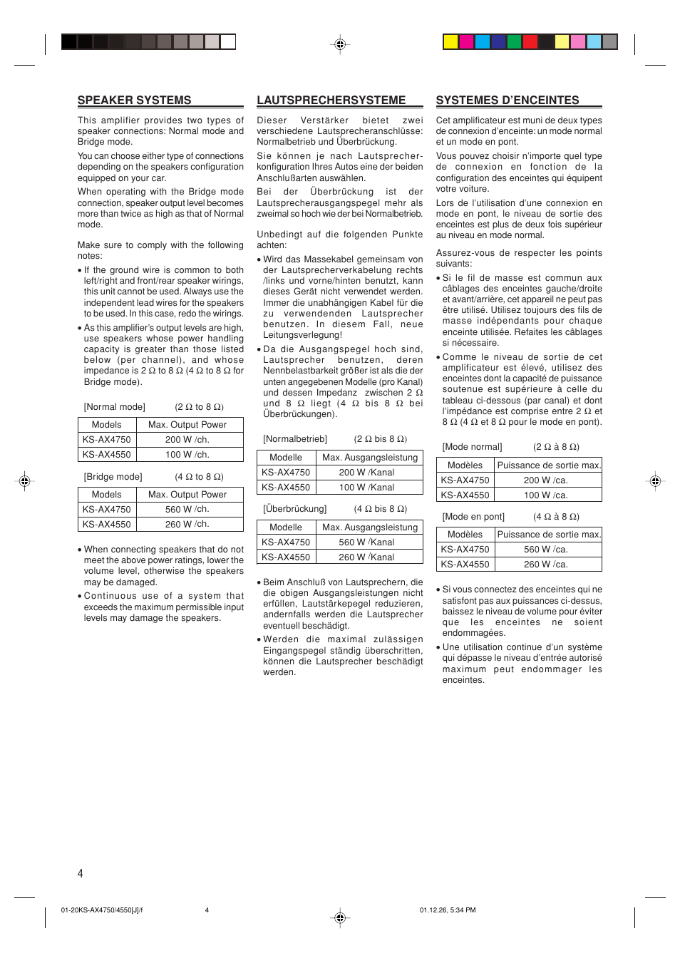 Speaker systems, 4speaker systems, Lautsprechersysteme | Systemes d’enceintes | JVC KS-AX4550 User Manual | Page 4 / 20
