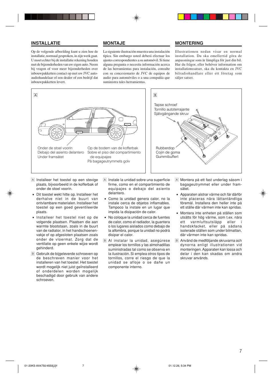 Installatie, Montering, Montaje | JVC KS-AX4550 User Manual | Page 7 / 20