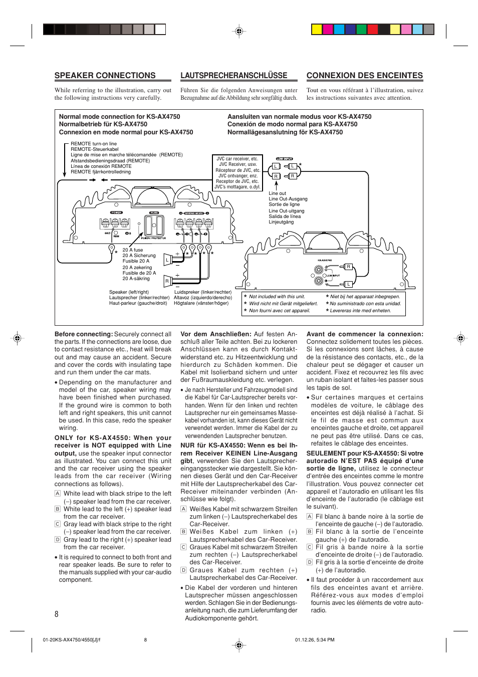 Speaker connections, 8lautsprecheranschlüsse, Connexion des enceintes | JVC KS-AX4550 User Manual | Page 8 / 20