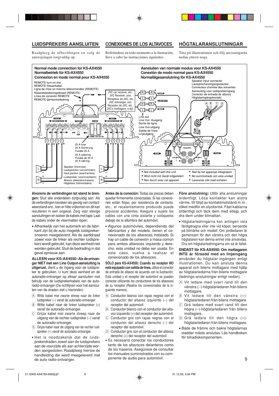 9luidsprekers aansluiten, Conexiones de los altavoces, Högtalaranslutningar | JVC KS-AX4550 User Manual | Page 9 / 20