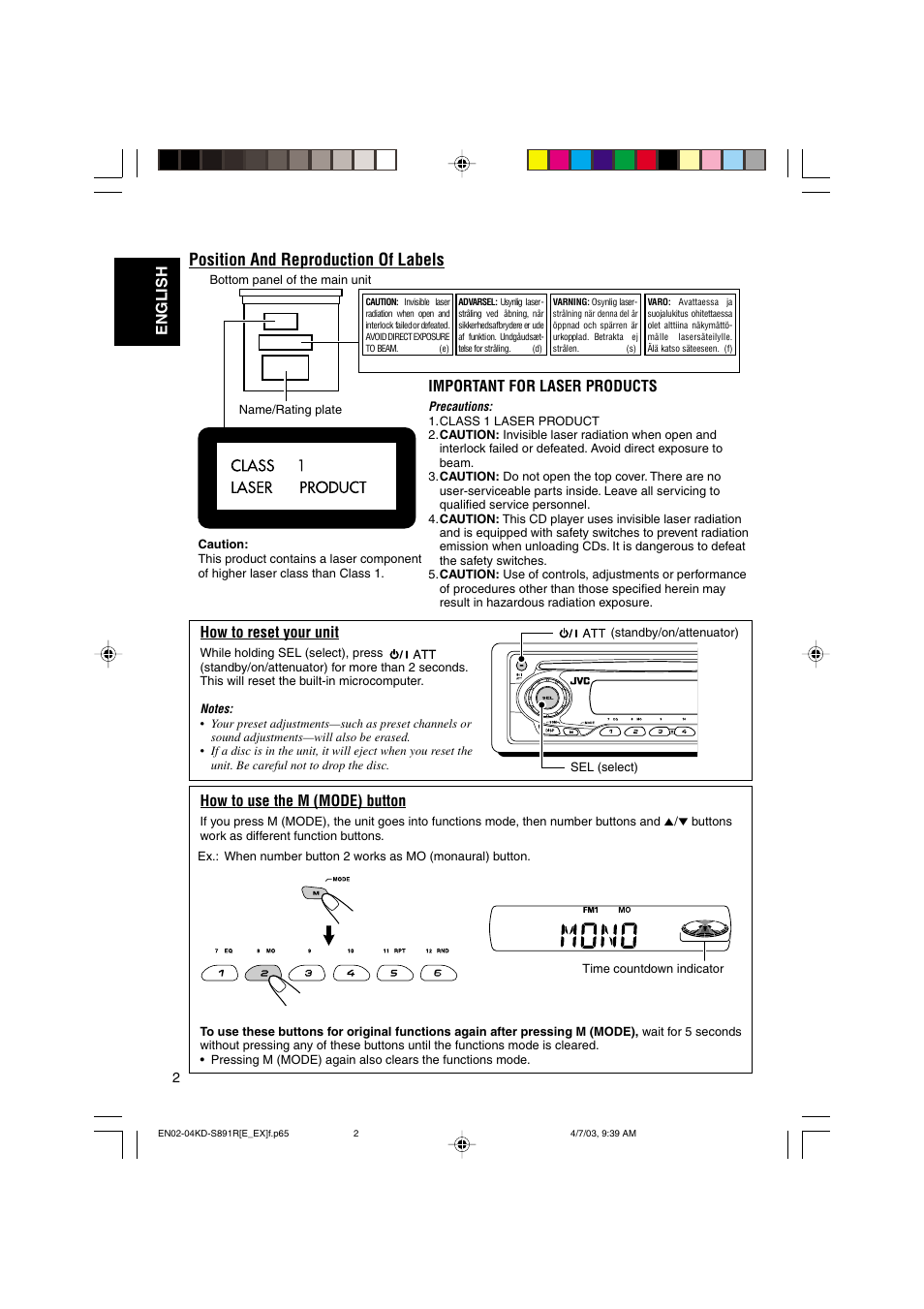 Position and reproduction of labels, How to reset your unit, How to use the m (mode) button | English how to reset your unit, Important for laser products | JVC KD-S891R User Manual | Page 2 / 44