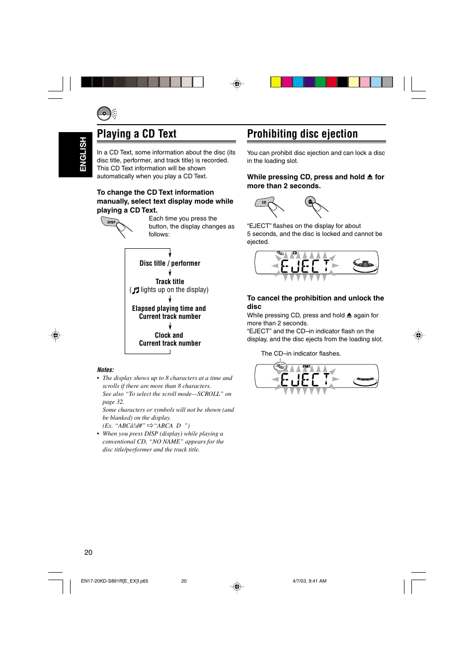 Playing a cd text, Prohibiting disc ejection | JVC KD-S891R User Manual | Page 20 / 44