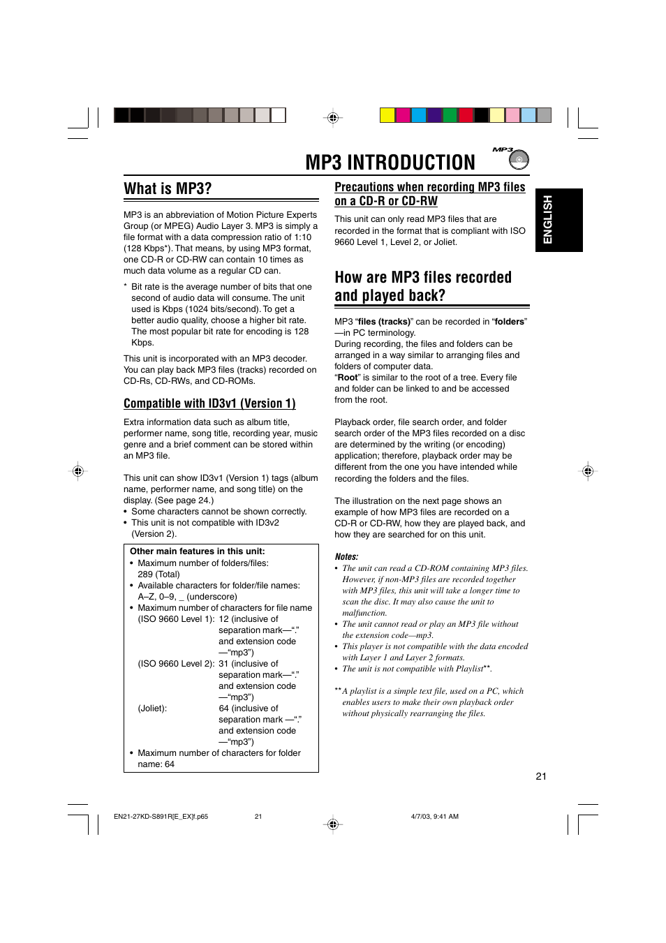 Mp3 introduction, How are mp3 files recorded and played back, What is mp3 | Compatible with id3v1 (version 1) | JVC KD-S891R User Manual | Page 21 / 44