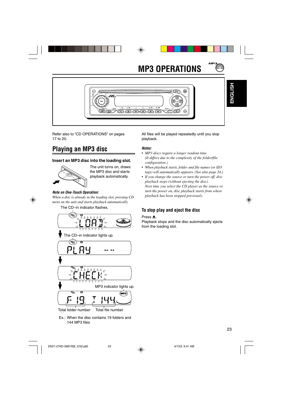 Mp3 operations, Playing an mp3 disc | JVC KD-S891R User Manual | Page 23 / 44