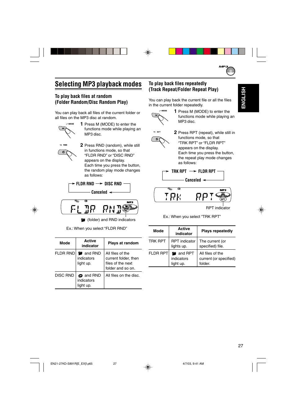 Selecting mp3 playback modes | JVC KD-S891R User Manual | Page 27 / 44