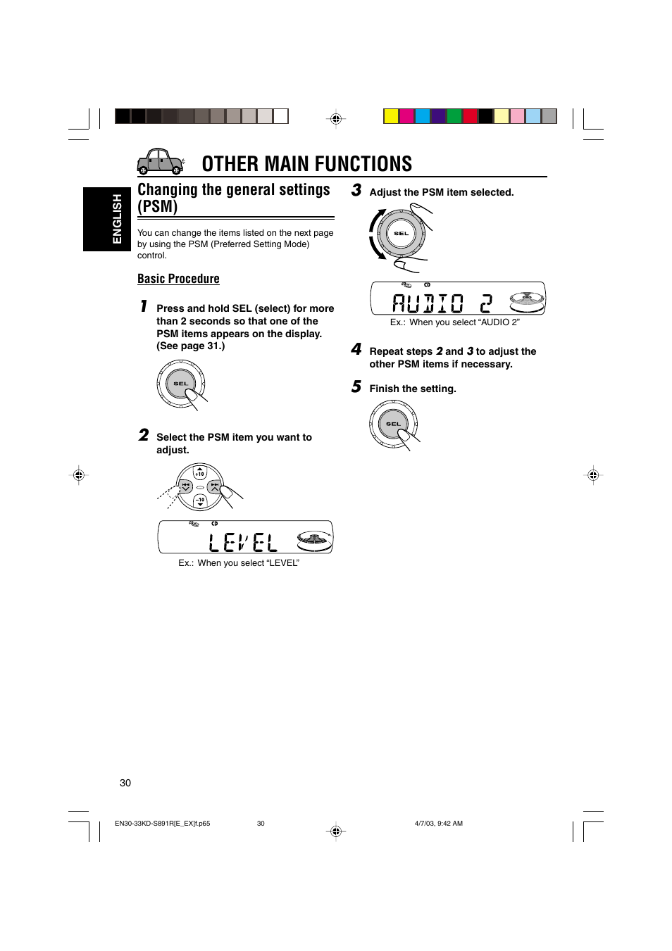 Other main functions, Changing the general settings (psm) | JVC KD-S891R User Manual | Page 30 / 44