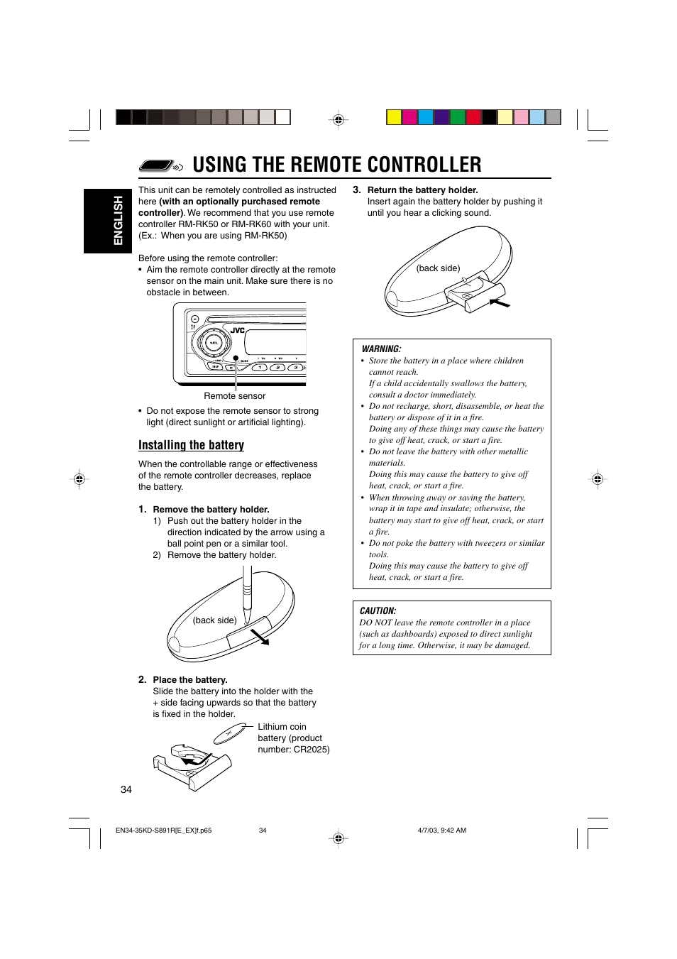 Using the remote controller, Installing the battery | JVC KD-S891R User Manual | Page 34 / 44