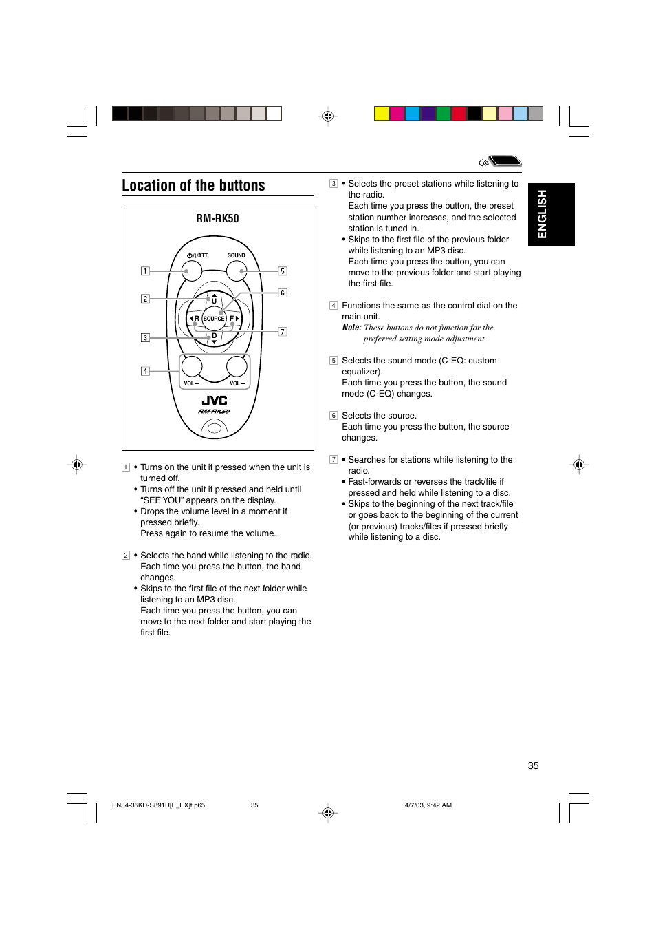 Location of the buttons, English, Rm-rk50 | JVC KD-S891R User Manual | Page 35 / 44