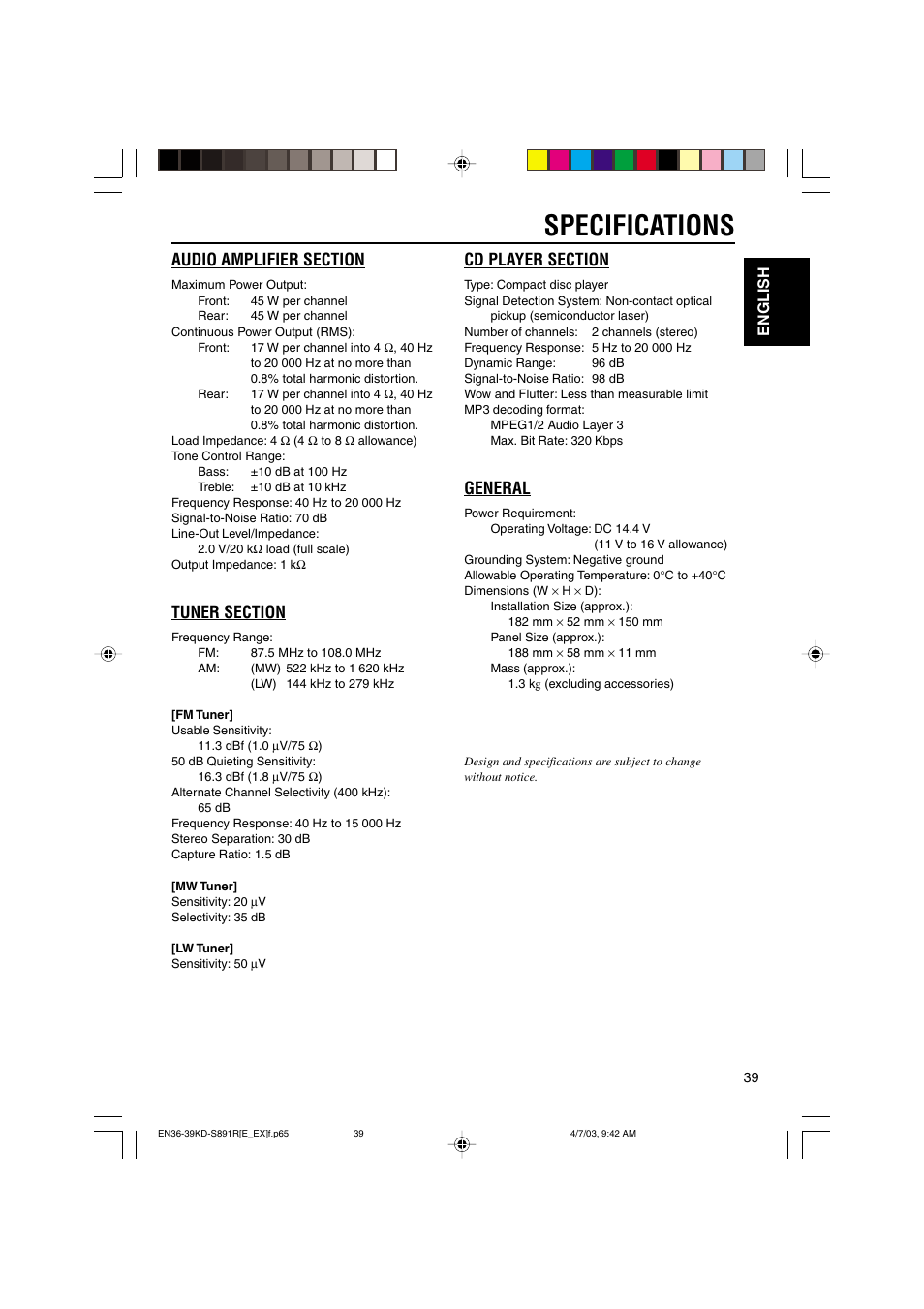 Specifications, General, English | JVC KD-S891R User Manual | Page 39 / 44