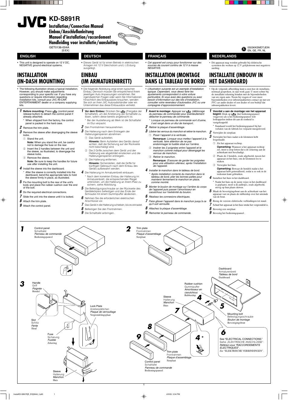 Installation/connection manual, Installation, Kd-s891r | Installation (in-dash mounting), Einbau (im armaturenbrett), Installation (montage dans le tableau de bord), Installatie (inbouw in het dashboard) | JVC KD-S891R User Manual | Page 41 / 44