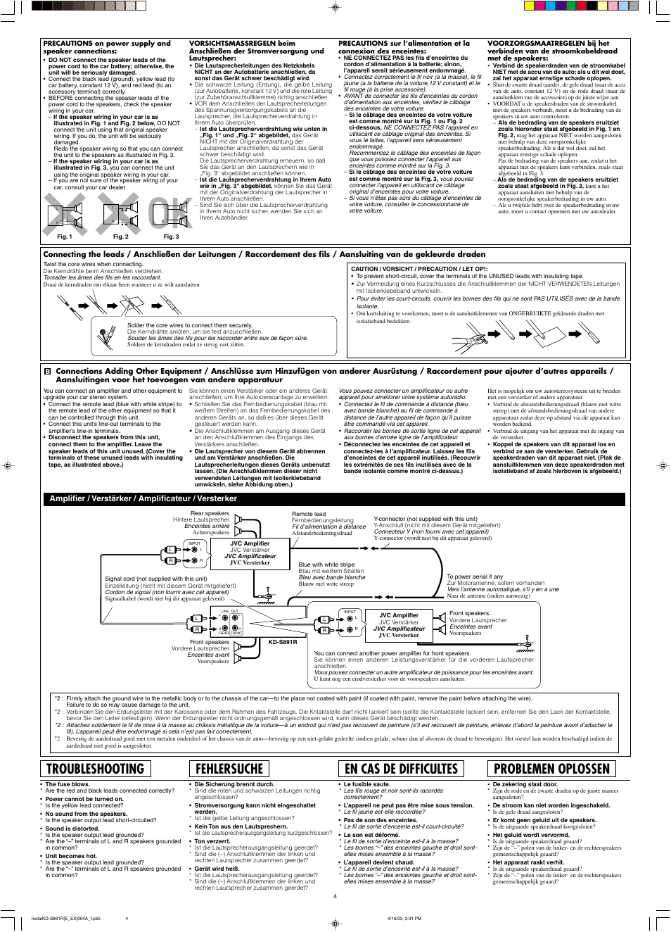 Troubleshooting, Fehlersuche, En cas de difficultes | Problemen oplossen | JVC KD-S891R User Manual | Page 44 / 44