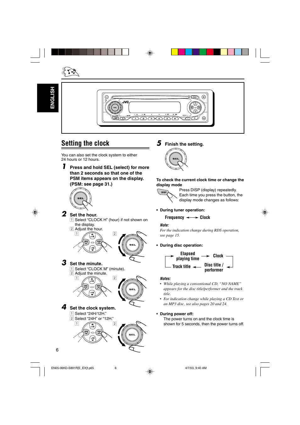 Setting the clock | JVC KD-S891R User Manual | Page 6 / 44