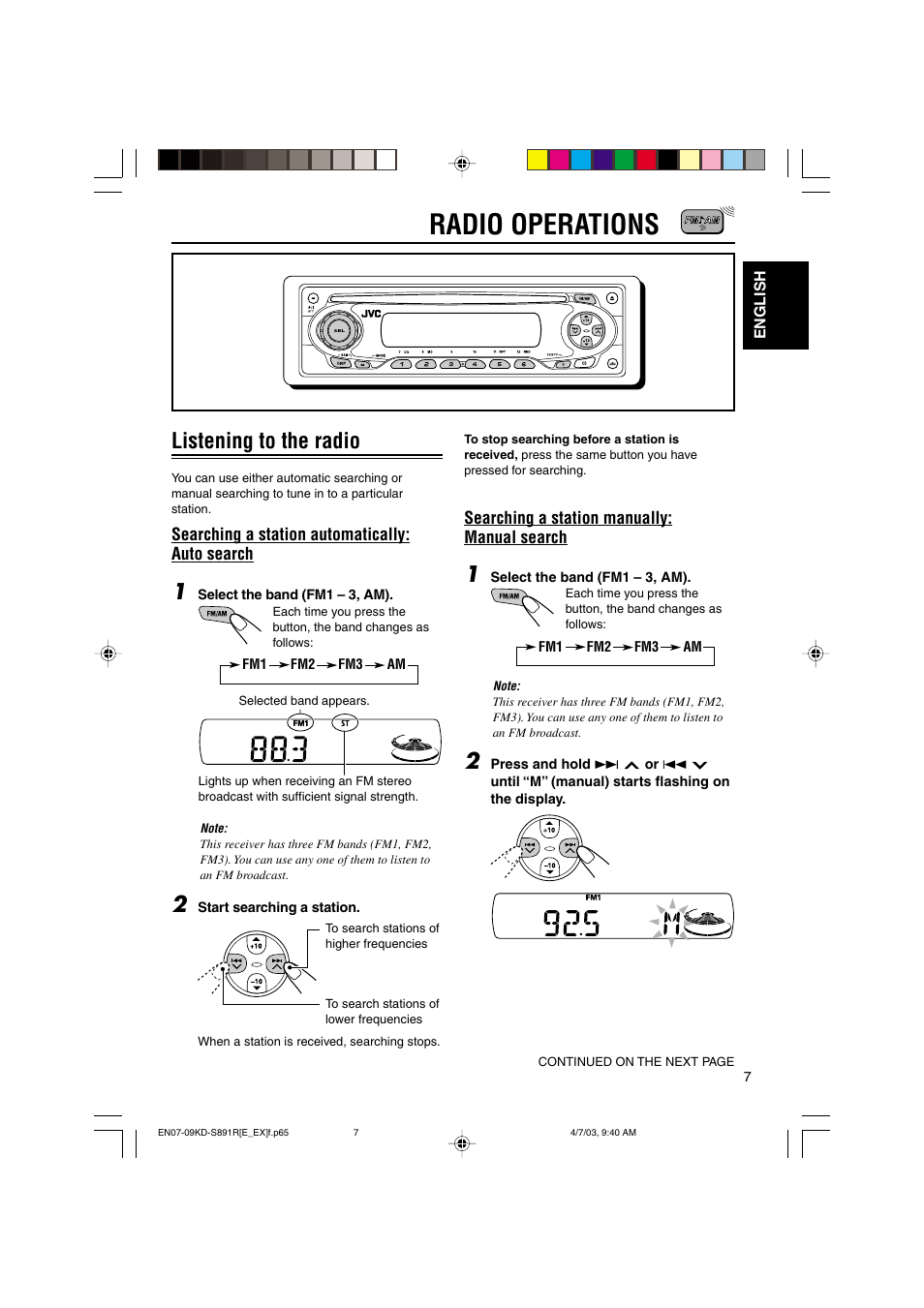 Radio operations, Listening to the radio | JVC KD-S891R User Manual | Page 7 / 44