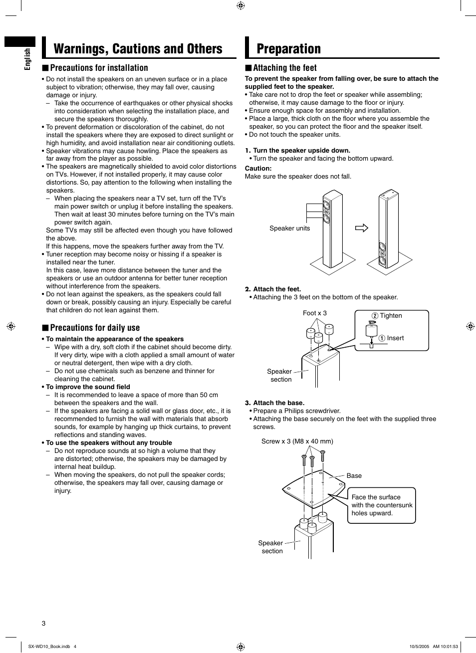 Warnings, cautions and others, Preparation, Warnings, cautions and others preparation | Precautions for installation, Precautions for daily use, Attaching the feet | JVC SX-WD10 User Manual | Page 4 / 10