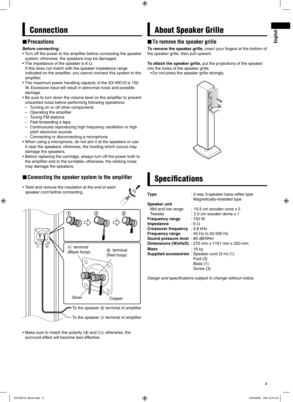 Connection, About speaker grille, Specifications | About speaker grille speciﬁcations | JVC SX-WD10 User Manual | Page 5 / 10