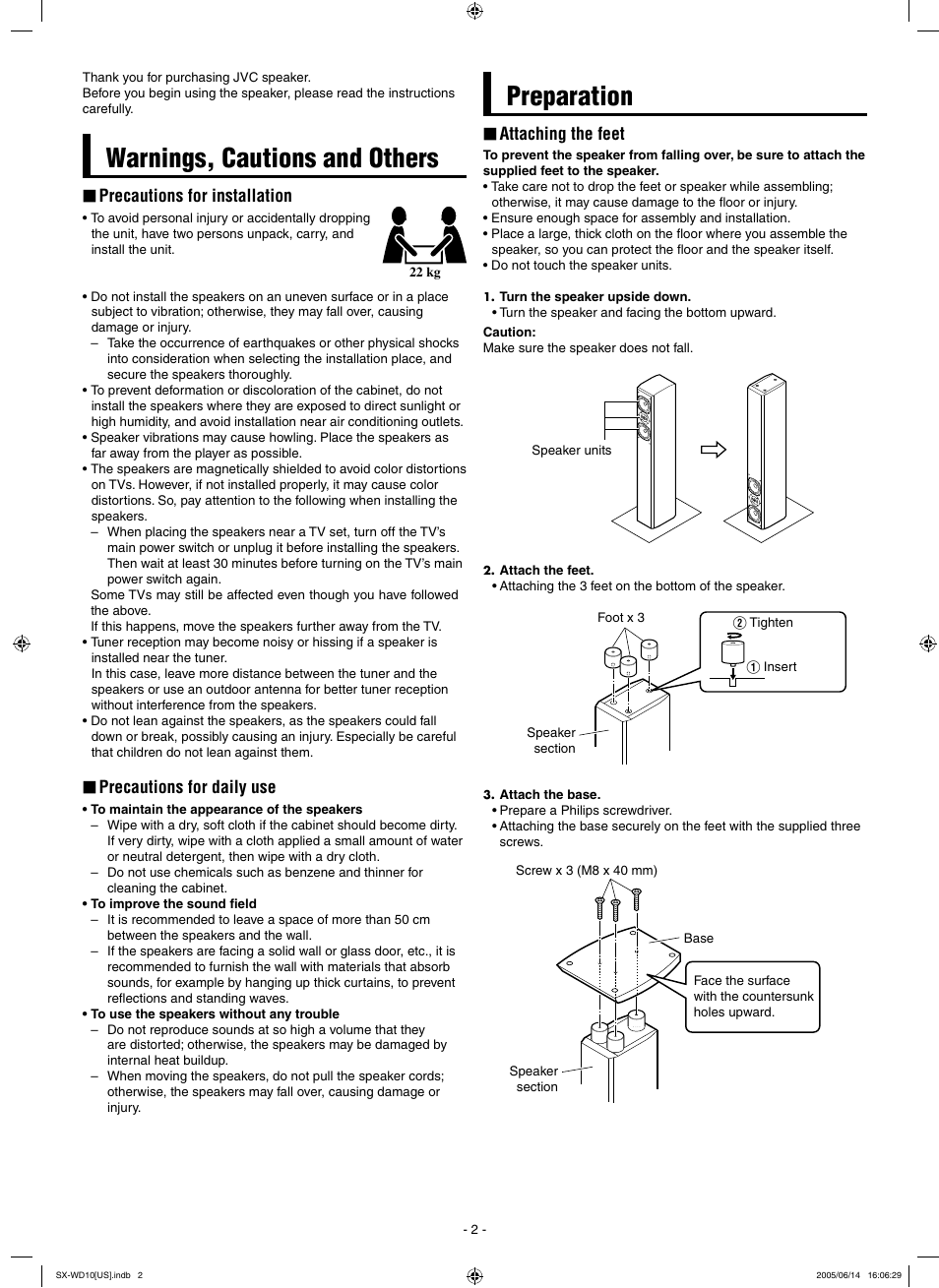 Warnings, cautions and others, Preparation, Warnings, cautions and others preparation | Precautions for installation, Precautions for daily use, Attaching the feet | JVC SX-WD10 User Manual | Page 8 / 10