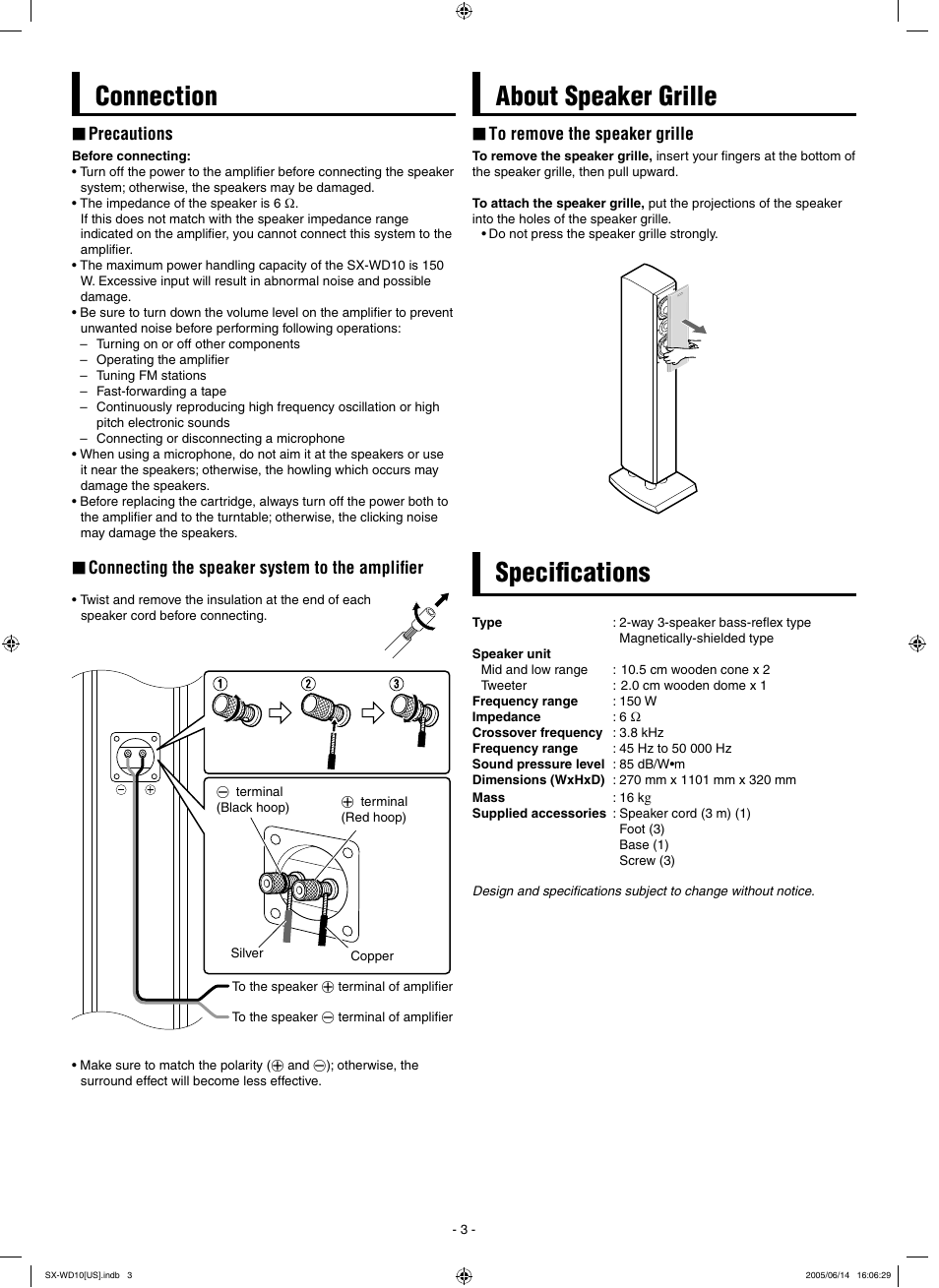 Connection, About speaker grille, Specifications | About speaker grille speciﬁcations | JVC SX-WD10 User Manual | Page 9 / 10
