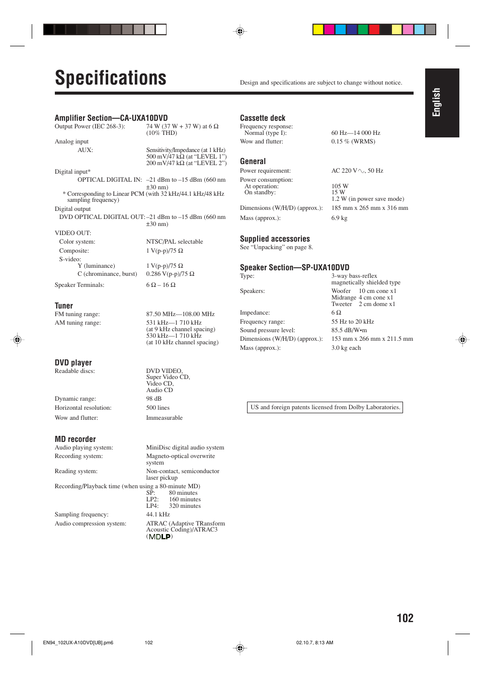 Specifications, English | JVC UX-A10DVD User Manual | Page 105 / 106